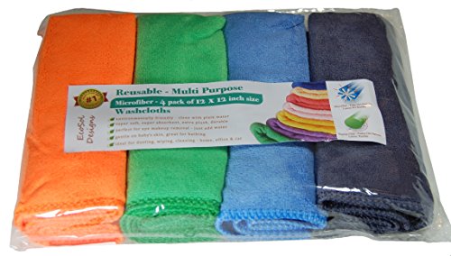 EcoSol Designs - Microfiber Towels, Cleaning & Drying Must-Have, Soft, Thick Dry/Wipe for Personal/Home/Office/Car Use, 4 12x12 Microfiber Towels with Hanging Loops in Orange, Blue, Green and Grey - color: Orange, Green, Blue, Grey