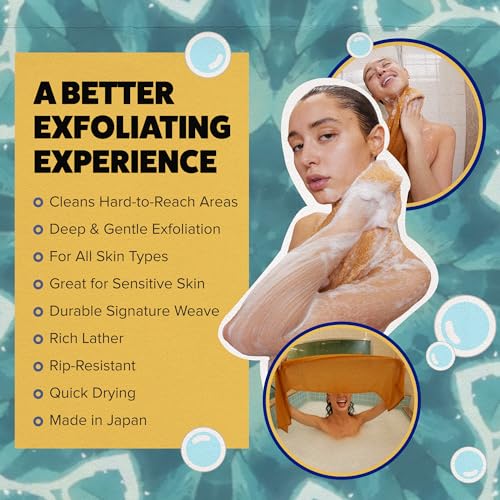 GOSHI Exfoliating Shower Towel - Long Body Scrubber, Orange | For back acne, KP & smooth skin, durable quick dry nylon washcloth, ethically crafted in Gunma, Japan - color: Yellow
