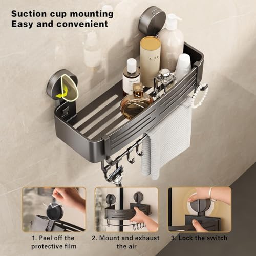 Shower Caddy Suction Shower Shelf No Drilling Shower Organizer Suction Cup Shower Storage Rack Aluminum Wall Mounted Shampoo Holder with Towel Bar Hooks (1-Pack, Matte Gray)