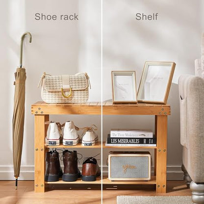 Pipishell 3 Tier Bamboo Shoe Rack Bench - Sturdy Shoe Organizer Holds up to 300lbs for Entryway, Bedroom, Living Room, Balcony - color: Bamboo
