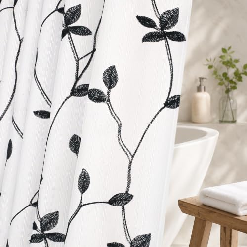 Embroidered Leaf Farmhouse Shower Curtain,Faux Linen,72Wx72L,White Black | Boho Modern Shower Curtain Set, Washable & Waterproof Fabric, Floral Shower Curtains for Bathroom with Hooks - color: White Black