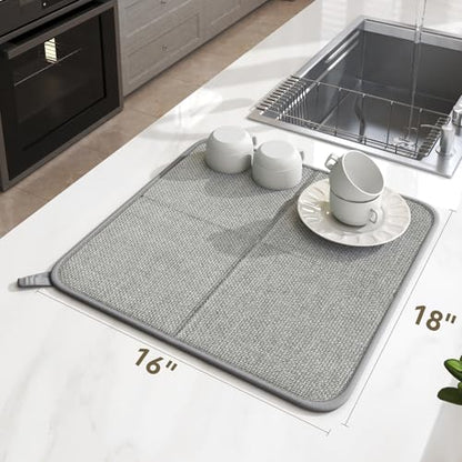Dish Drying Mat for Kitchen Counter, Absorbent Dish Mat，Grey 16x18 | Ultra Absorbent & Fast Drying, Machine Washable Foldable Kitchen Drying Dry Pad for Countertops, Sinks, Draining Racks - size: 16" x 18"