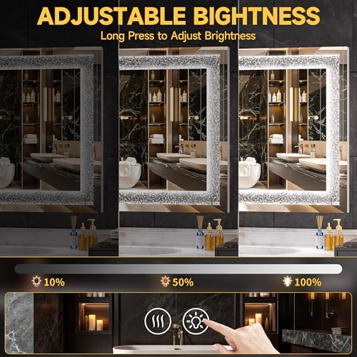 WINNICE 32" x 24" LED Diamond Wall Mirror, Dim & Anti-Fog | Crystal glass, dimmable & anti-fog, mounts vertical/horizontal, ideal for bathroom, bedroom, living room. - size: 24"L x 32"W