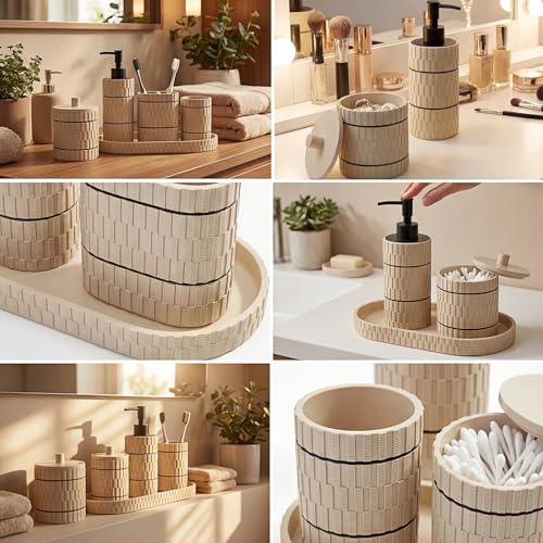 Bathroom Accessory Set, 6 Piece Bathroom Essentials Sets Accessories, Soap Dispenser Set, Toothbrush Holder, Vanity Tray, Tumbler, Cotton Swab Jars, Decor Organizer for Modern Bathrooms(Beige)