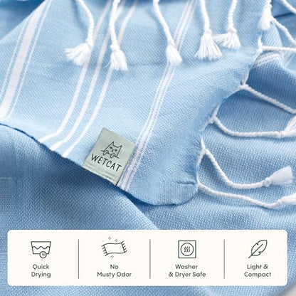 WETCAT Turkish Hand Towels with Hanging Loop, Set of 2 (20" x 30") 100% Turkish Cotton, Pre-Washed, Quick Drying, for Kitchen or Bathroom - Light Blue - color: Light Blue