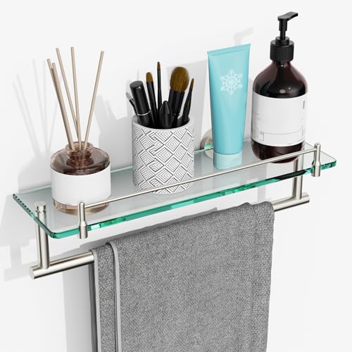 Floating Tempered Glass Bathroom Shelf with Towel Bar - Brushed Nickel & Stainless Steel, Wall Mount 16 Inch - color: Brushed Nickel, size: 16-inch with Railing