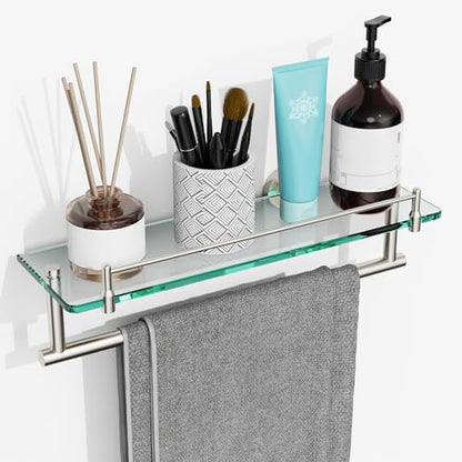 Floating Tempered Glass Bathroom Shelf with Towel Bar - Brushed Nickel & Stainless Steel, Wall Mount 16 Inch - color: Brushed Nickel, size: 16-inch with Railing