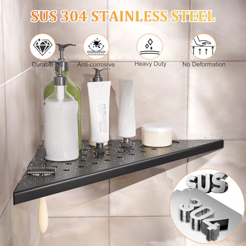 Corner Shower Shelves 2-Pcs, 10” Rustproof 304 Stainless Steel Shower Corner Shelf with Razor Holder, Recessed Bathroom Shower Shelf for Tiled Wall