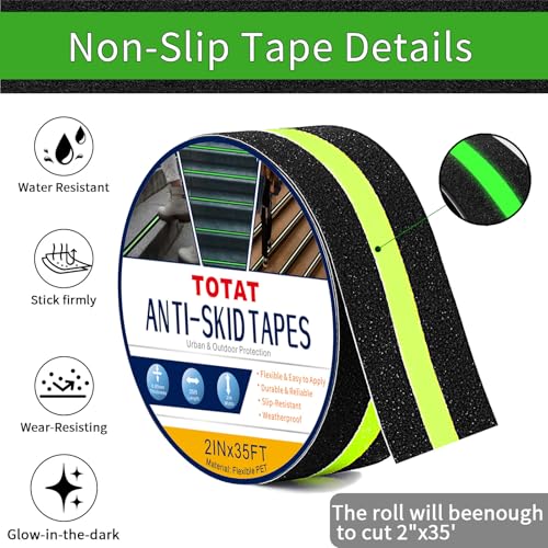 Glow in Dark Anti Slip Tape, 2" x35FT Heavy Duty Waterproof Safety Grip Tape for Stairs, Pool, Bathroom - Black & Glow Stripe Indoor/Outdoor Multi-Purpose Traction Tape - size: 2IN x 35FT