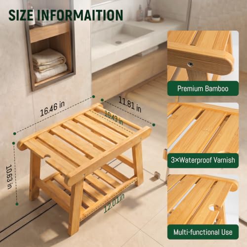 Bamboo Shower Bench Stool for Inside Shower Chair | Waterproof Shower Stool for Shaving Legs to Sit On, Spa Shower Seat Storage Shelf, Bathroom Bench Foot Rest