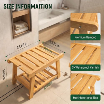 Bamboo Shower Bench Stool for Inside Shower Chair | Waterproof Shower Stool for Shaving Legs to Sit On, Spa Shower Seat Storage Shelf, Bathroom Bench Foot Rest