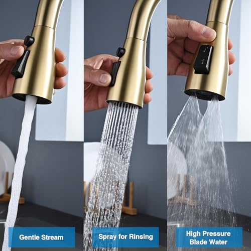 Metal Kitchen Faucet Head Replacement, 3 Functions Kitchen Faucet Head High Pressure, Brushed Gold Pull Down Kitchen Sink Sprayer Replacement with 9 Adapters Compatible with Most Faucets - color: ‎Brushed Gold