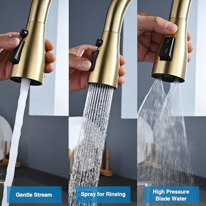 Metal Kitchen Faucet Head Replacement, 3 Functions Kitchen Faucet Head High Pressure, Brushed Gold Pull Down Kitchen Sink Sprayer Replacement with 9 Adapters Compatible with Most Faucets - color: ‎Brushed Gold