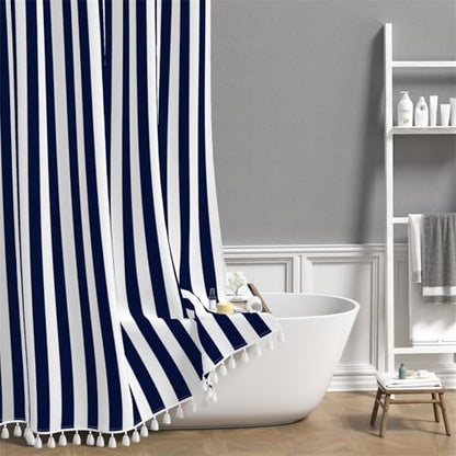 AOFOTO Navy Blue and White Stripe Shower Curtain Farmhouse Style Striped Line Bathroom Curtains Waterproof Fabric Machine Washable with 12 Hooks Modern Fashion Simple Bathroom Curtain 70x70 Inch - color: Navy Blue, size: 70"W x 70"L (Pack of 1)