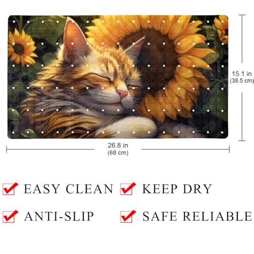 Bathtub Mat Non Slip 26.8x15.1 Inch, Cat Sunflower Shower Mat with Suction Cups and Drain Holes, Machine Washable Shower Mats for Inside Shower - color: Multi 1