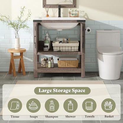 AMERLIFE 24" Gray Farmhouse Bathroom Vanity with Sink and Open Shelf | Light Gray, Single Solid White Integrated Top, Moisture-Resistant MDF, Barn Doors, Open Shelf, Paper Towel Holder - color: Light Gray, size: 24“
