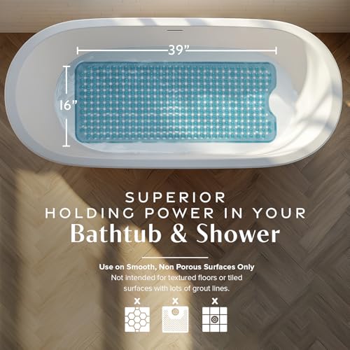 SlipX Solutions 39"x16" Power Grip Non Slip Bathtub Shower Mat, Aqua | Stronger Wet Surface Protection, Soft Under Foot, 265+ Suction Cups, Large Drainage Holes - color: Clear Aqua