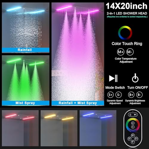 Bathroom Shower System,4 Functions Digital Temperature Display Diverter Valve,Ceiling 14x20" 2-Function Shower Head and 8 inch Wall Mounted Shower Head Combo,Handheld Shower Chrome - color: Chrome
