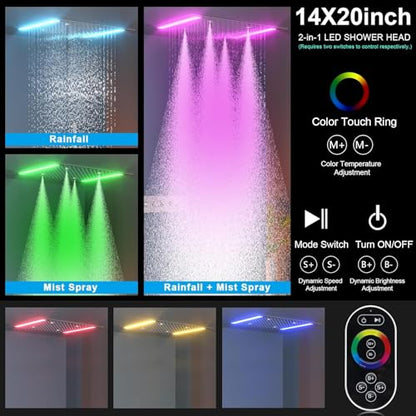 Bathroom Shower System,4 Functions Digital Temperature Display Diverter Valve,Ceiling 14x20" 2-Function Shower Head and 8 inch Wall Mounted Shower Head Combo,Handheld Shower Chrome - color: Chrome
