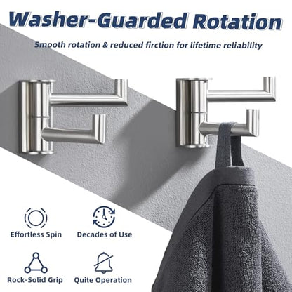 2 Pack Swivel Towel Hooks, Brushed Nickel, 304 Stainless Steel | Dual-Arm Hanging Capacity, 180° Swing-Out Rotation, Fold-Away Storage, Raised End Hooks, Closet, Hallway & Shower Use - color: Brushed Nickel, size: 2 Pack