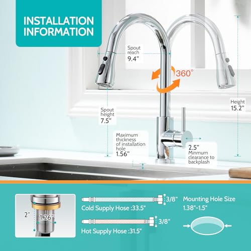 Chrome Kitchen Faucet, Kitchen Faucets for Sink 3 Hole High Arc Single Handle Stainless Steel Commercial RV Camper Kitchen Faucet with Pull Down Sprayer llaves para fregaderos de cocina - color: Chrome, size: 15.2 Inches