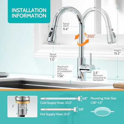 Chrome Kitchen Faucet, Kitchen Faucets for Sink 3 Hole High Arc Single Handle Stainless Steel Commercial RV Camper Kitchen Faucet with Pull Down Sprayer llaves para fregaderos de cocina - color: Chrome, size: 15.2 Inches