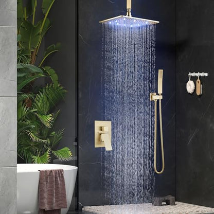 Aolemi Ceiling Shower Faucet Set with Handheld 10" LED Head Brushed Gold | Handheld Spray,10 Inch Rain LED Head,Shower Valve and Trim Kit,All Metal,Ceiling System,Bathroom Mixer - color: Gold, size: 10 Inch LED Shower Head