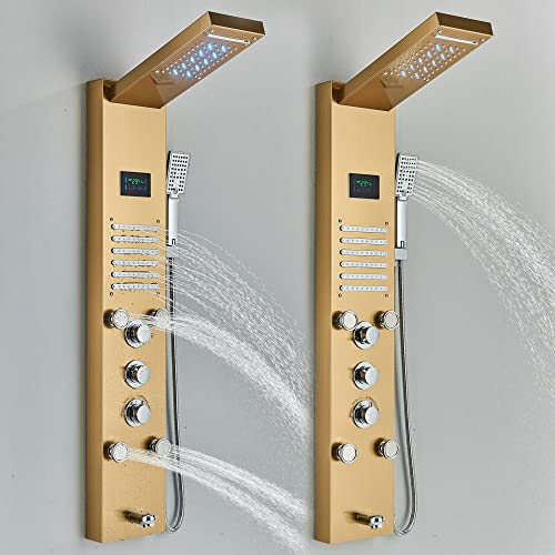 LED Rainproof and Waterfall Shower Panel Tower rain Massage System Body Jet Gold