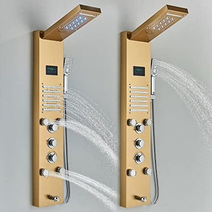 LED Rainproof and Waterfall Shower Panel Tower rain Massage System Body Jet Gold