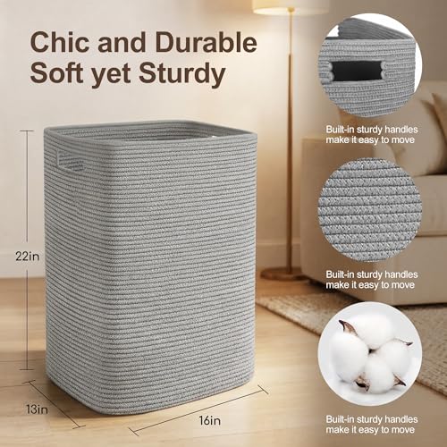 Large Laundry Hamper 16"x13"x22" - Tall Woven Laundry Basket, Cotton Rope Dirty Clothes Hamper, Baby Kids Nursery Wicker Laundry Basket, Bedroom Aesthetic, Soft Laundry Bin, Gray Hamper, 75L - color: Gray