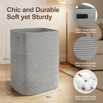 Large Laundry Hamper 16"x13"x22" - Tall Woven Laundry Basket, Cotton Rope Dirty Clothes Hamper, Baby Kids Nursery Wicker Laundry Basket, Bedroom Aesthetic, Soft Laundry Bin, Gray Hamper, 75L - color: Gray