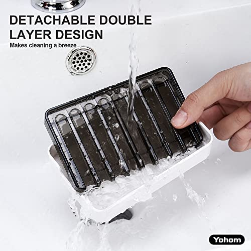 YOHOM Adhesive Bar Soap Holder for Shower Wall Hanging Soap Dish with Drain Tray Plastic Stick on Bathroom Sink Soap Holder 2PCS - color: Black + White