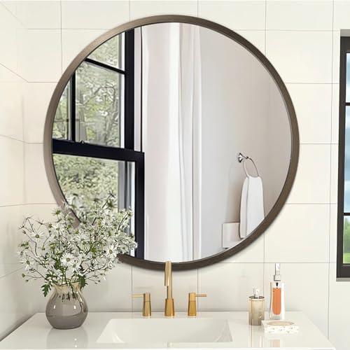 Wall Mirror Small Round Bathroom Mirror Metal Brushed Framed Rounded Corner Ative Hanging Mirror for Living Room Bedroom Entryway Farmhouse Caffee - color: Caffee, size: 12"L x 12"W