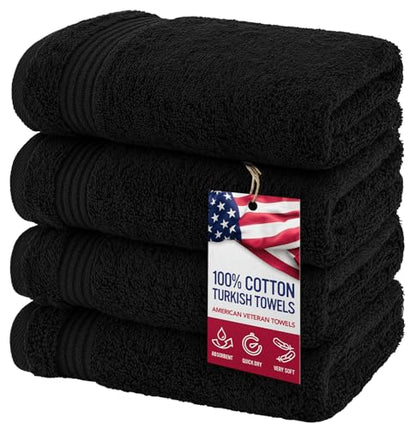 American Veteran Towel, Hand Towels for Bathroom Set of 4, 100% Cotton Turkish Hand Towel Sets, Soft Hand Face Towels, Black Hand Towels - color: Black