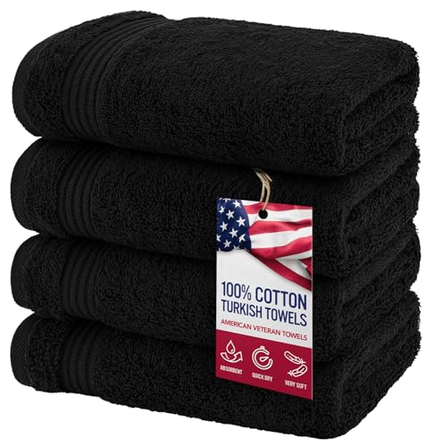 American Veteran Towel, Hand Towels for Bathroom Set of 4, 100% Cotton Turkish Hand Towel Sets, Soft Hand Face Towels, Black Hand Towels - color: Black