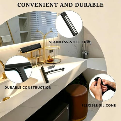 2PACK Shower Squeegee for Glass Doors All-One-Piece Silicone with Hook | Design for Easy Hanging & Cleaning for Bathroom, Window, Kitchen, Mirror, Tile Wall, Car, Streak-Free No-Squeak Tool, Black