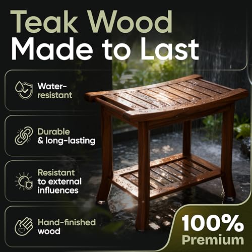 Teak shower bench with Storage Shelf, Shower Stool for Inside Shower, Waterproof Shower Bench Seat, Shower Chair for Inside Shower, Wood Bench, Bathroom Bench (Natural Wood) (Natural Wood) - color: Natural Wood