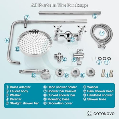 gotonovo Exposed Shower System Wall Mount,Polish Chrome,Metal Handheld | 8” Rain Shower Head Faucet Set Fixtures,2 Function,Two Cross Handle,Height Adjustable,for 5-6.7" Hole,Indoor Victorian Retro - color: Chrome