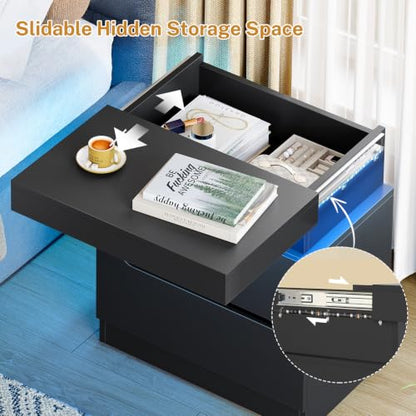 Nightstands Set of 2, Night Stand with 2 Drawers, Nightstand with App-Controlled Adjustable LED Light, Bedside Table with Slidable Hidden Storage Space, Modern Nightstands for Bedroom,Black - color: Unbzx031hd2-zf