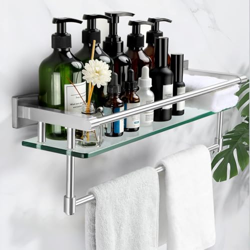 Glass Bathroom Shelf with Towel Bar, Stainless Steel Tempered Towel bar/Track Glass Bathroom Shelves Wall Mount Over The Toilet (Brushed Nickel, 20-inch) - color: Brushed Nickel, size: 20-inch with Railing