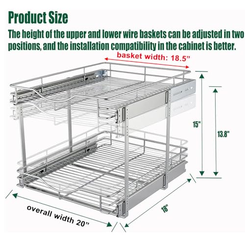 DINDON 2 Tier Pull Out Cabinet Organizer (20" W X 18" D), Double Tier Wire Basket Slide Out Shelf Storage for Kitchen Base Cabinet Organization for Kitchen, Pantry, Bathroom, Chrome - size: 20" W X 18" D