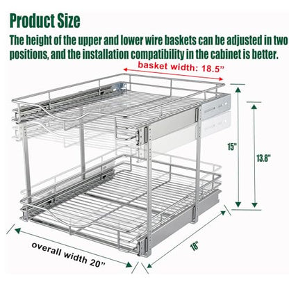 DINDON 2 Tier Pull Out Cabinet Organizer (20" W X 18" D), Double Tier Wire Basket Slide Out Shelf Storage for Kitchen Base Cabinet Organization for Kitchen, Pantry, Bathroom, Chrome - size: 20" W X 18" D