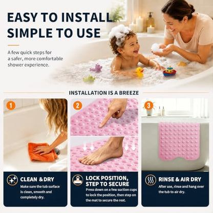 Yimobra Non Slip Bathtub Mat 40 x 16 Inch, Extra Long Shower Mat with Drain Holes, Machine Washable Baby Bath Mats, Strong Suction Cups for Bathroom Floor, Pink - color: Pink