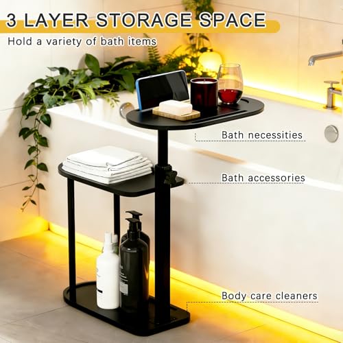 3-Tier Freestanding Bathtub Tray Table, Bamboo Swivel Bathtub Side Table with Height Adjustable Design, Standing Bath Tray for Tub Against Wall, Bathroom Organizer for Luxury Home Spa (Black) - color: Black