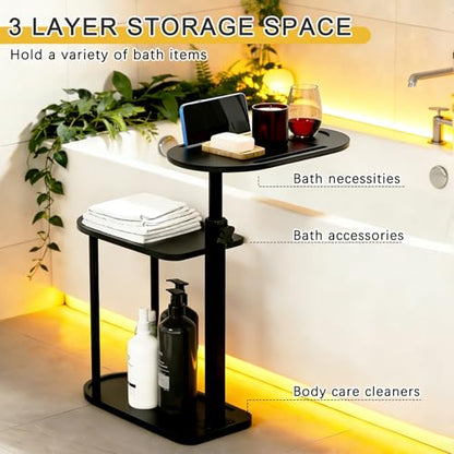 3-Tier Freestanding Bathtub Tray Table, Bamboo Swivel Bathtub Side Table with Height Adjustable Design, Standing Bath Tray for Tub Against Wall, Bathroom Organizer for Luxury Home Spa (Black) - color: Black