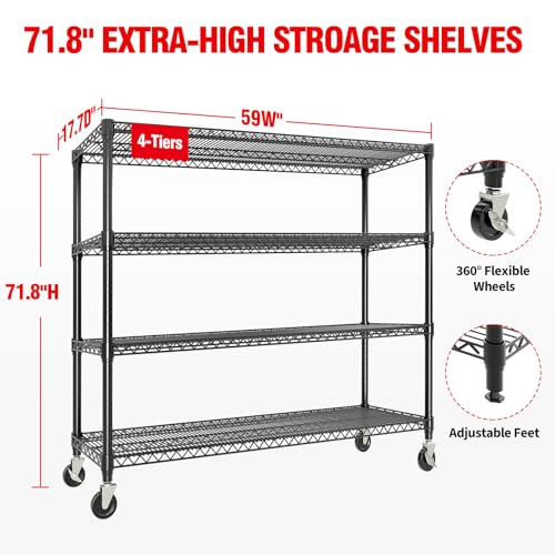 59" W Storage Shelves 2640LBS Heavy Duty Garage Shelving Units with Wheels and Adjustable Shelf, 4-Tiers Wire Shelving Rack for Garage Pantry Kitchen Warehouse Industrial - size: 4-Tier, 17.7"D*59"W*71.8"H