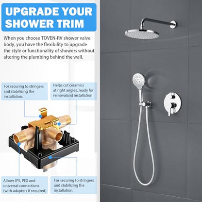 TOVEN-RV R10000-UNWSHF High-Flow Shower Valve Body with Stops | Compatible With Delta MultiChoice 13/14, 17 And 17T Trim Kits; 3-Port Shower-Only Design; 1/2-Inch Inlets - style: R10000-UNWSHF