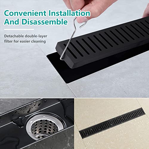 BARONAGE 36 Inch Linear Shower Drain, Capsule Grate, Matte Black | V-shaped Rapid Linear Drains, Rustproof, Hair Catcher, 304 Stainless Steel Rectangle Shower Floor Drain For Bathroom - size: 36 Inch