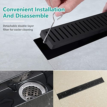 BARONAGE 36 Inch Linear Shower Drain, Capsule Grate, Matte Black | V-shaped Rapid Linear Drains, Rustproof, Hair Catcher, 304 Stainless Steel Rectangle Shower Floor Drain For Bathroom - size: 36 Inch