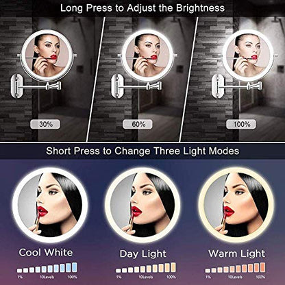 8'' Wall Mounted Makeup Mirror Black USB Rechargeable Double Sided with 3 Tones LED Lights 1x/5x Magnifying Bathroom Mirror for Shaving Extendable Arm Touch Control1X/5X
